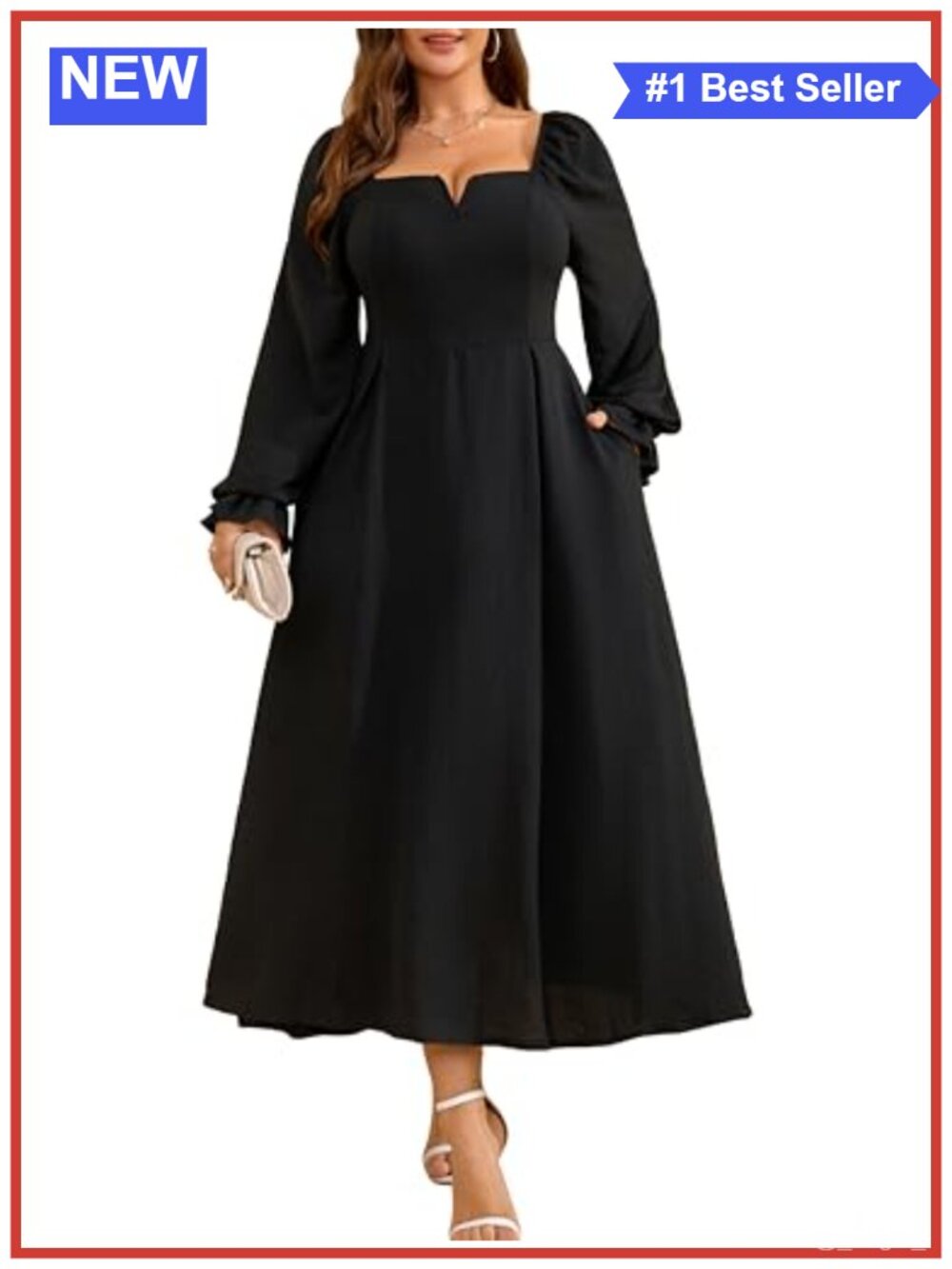 Plus Size Wedding Guest Maxi Dress Long Sleeve V-Neck Pockets